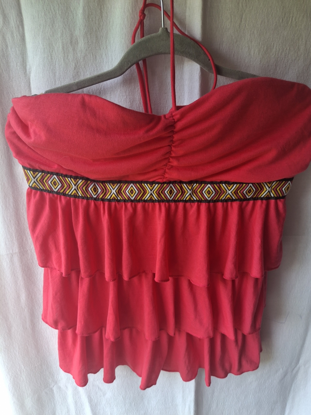 No Boundaries Red Tiered Strapless Top with Embroidered Waistband